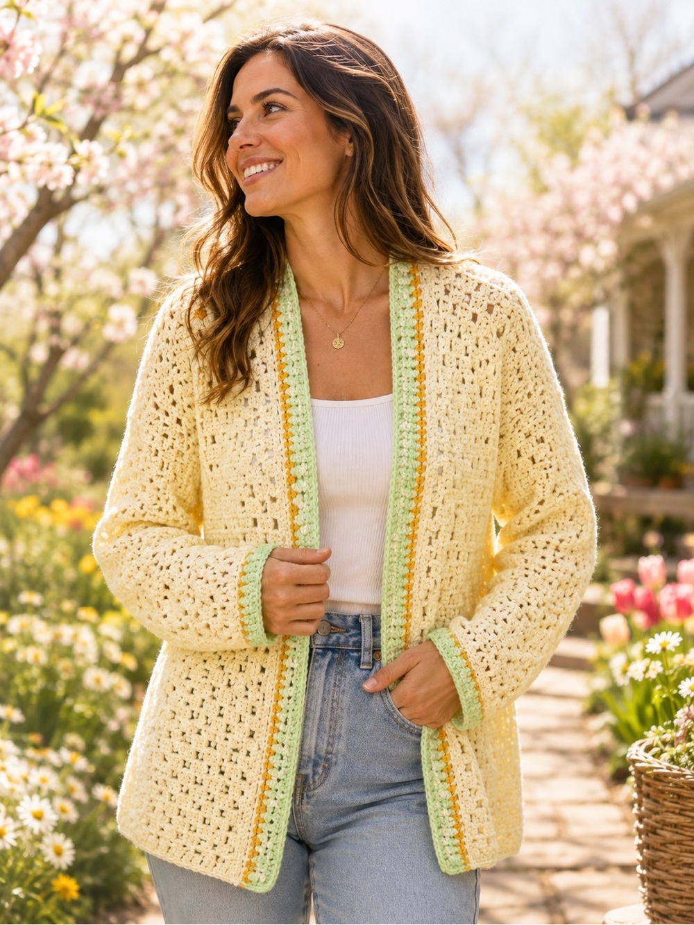 Hand Crochet Cream and Green CARDIGAN